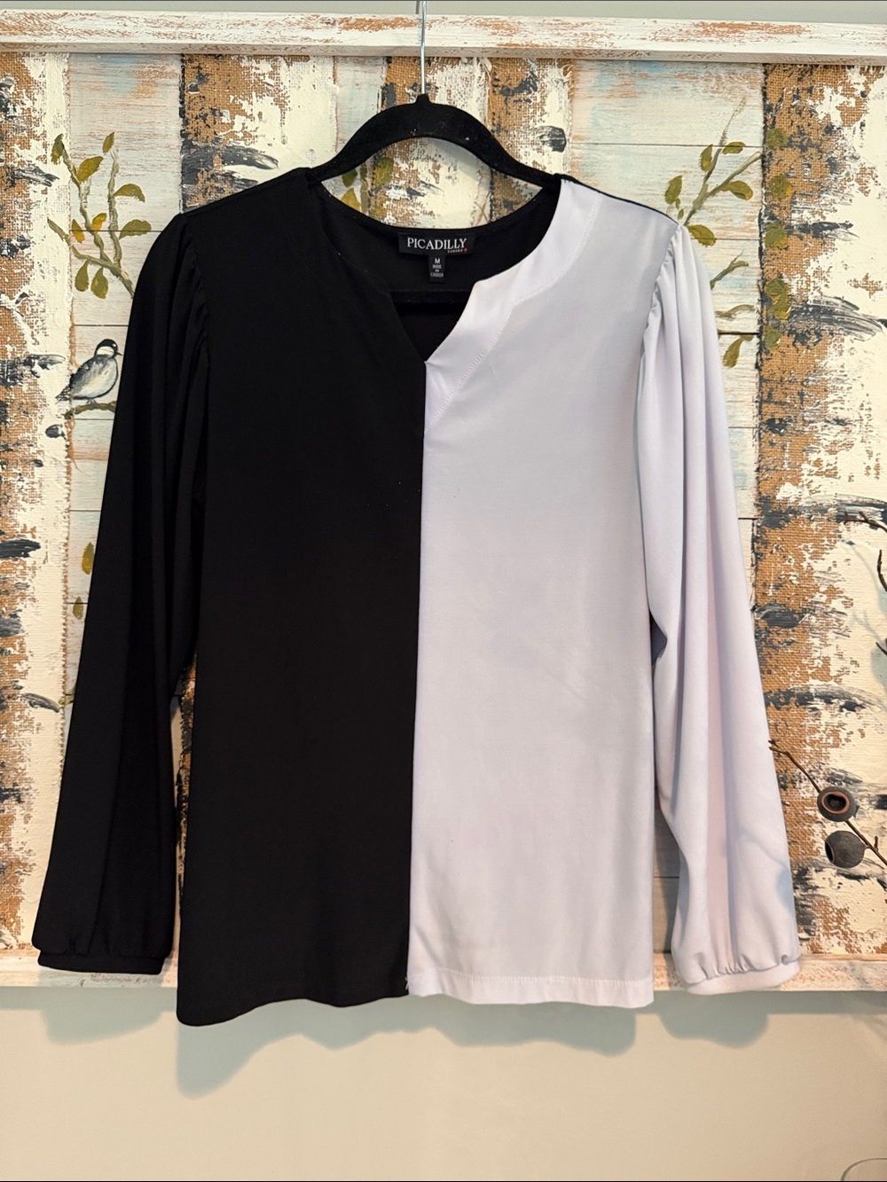Picadilly Fashion Black and White Split-Front Long Sleeve Top